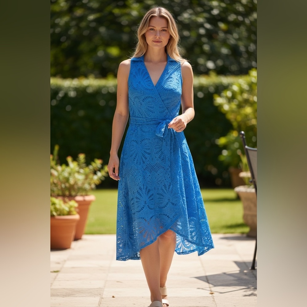 Boston Proper Blue Eyelet Sleeveless Summer Dress MIDI Faux Wrap Sz 2 NWT
